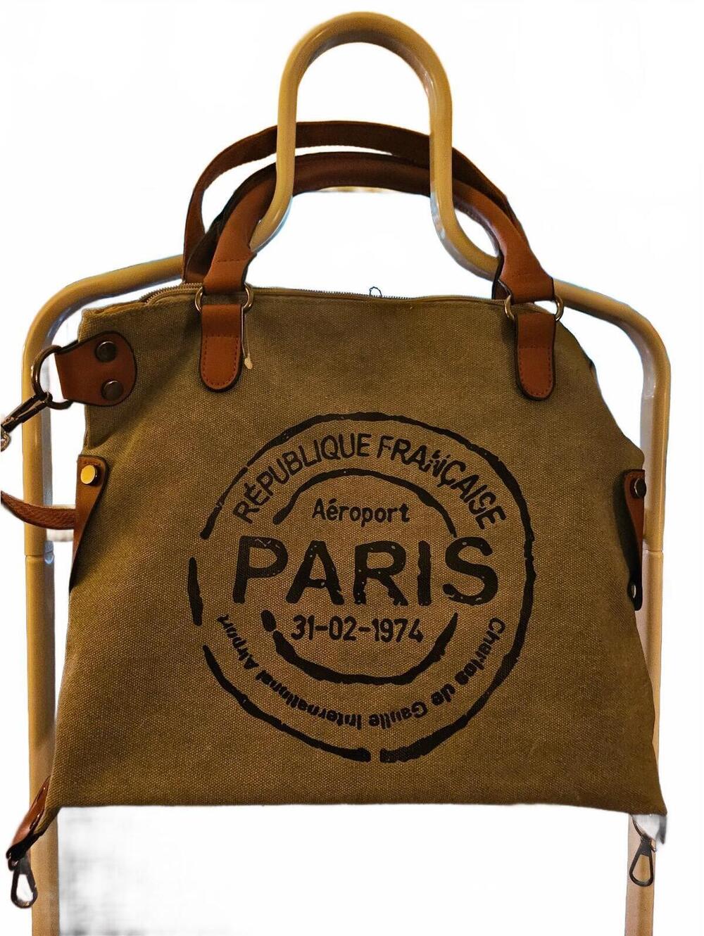 French PARIS Republique Logo Black MOCHA COFFEE canvas OVERSIZE gray BAG NWOT